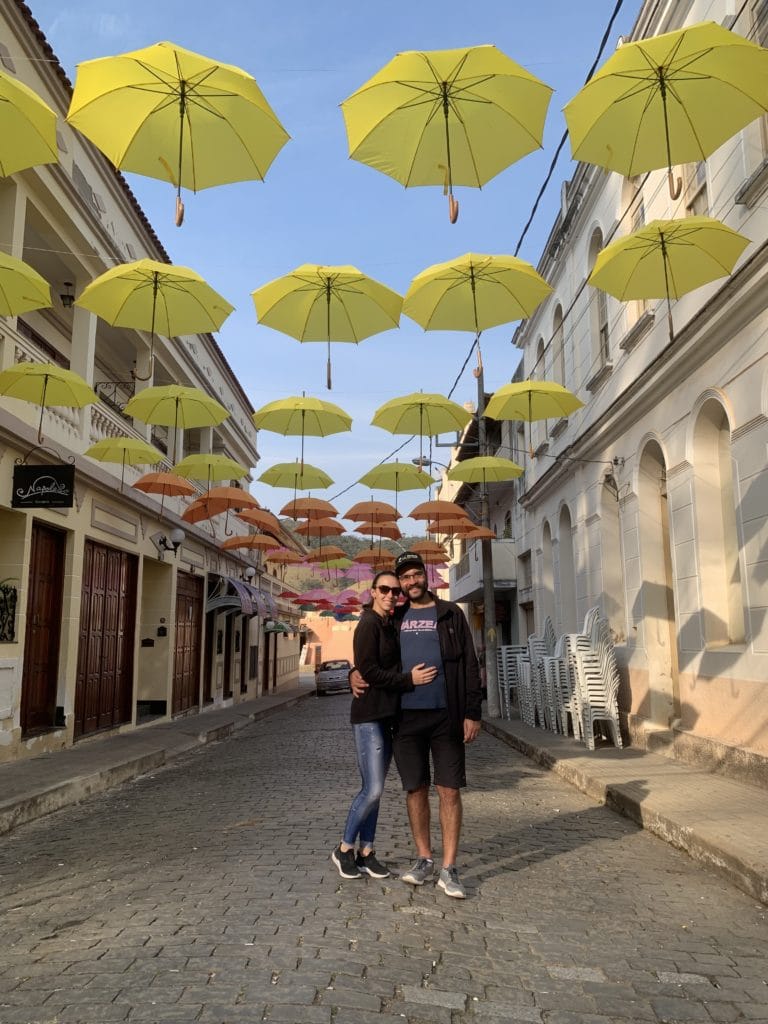 Umbrella-lined street in Passa Quatro, Minas Gerais