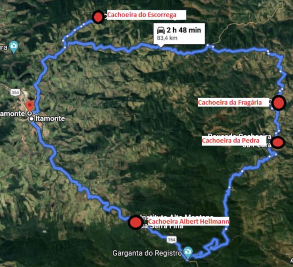 Map showing the route to the waterfalls