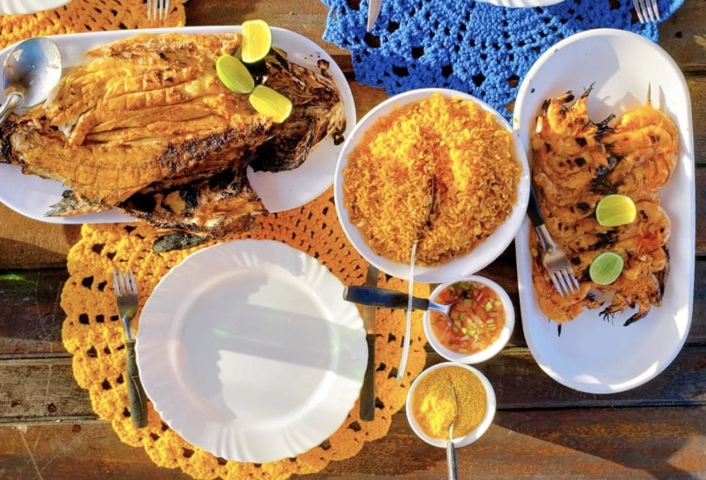 Grilled house fish and grilled shrimp with sides