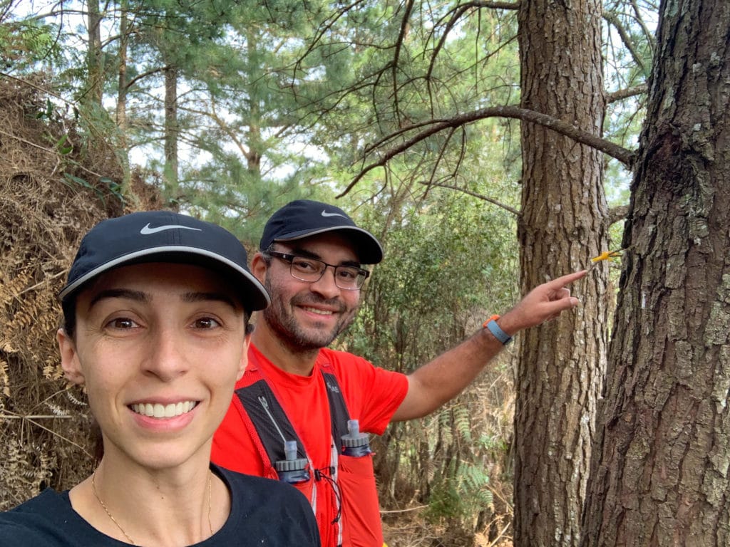 Yellow ribbons on Morro Araçatuba, with Andrey pointing them out