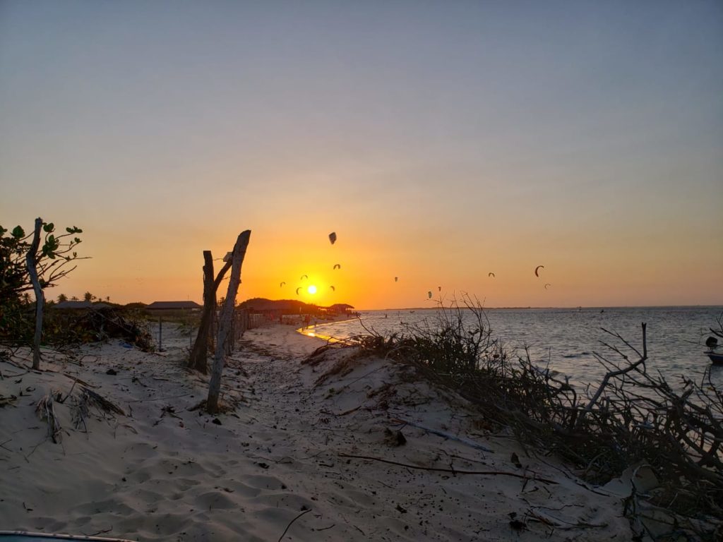 Sunset at Praia de Atins with kites in the background