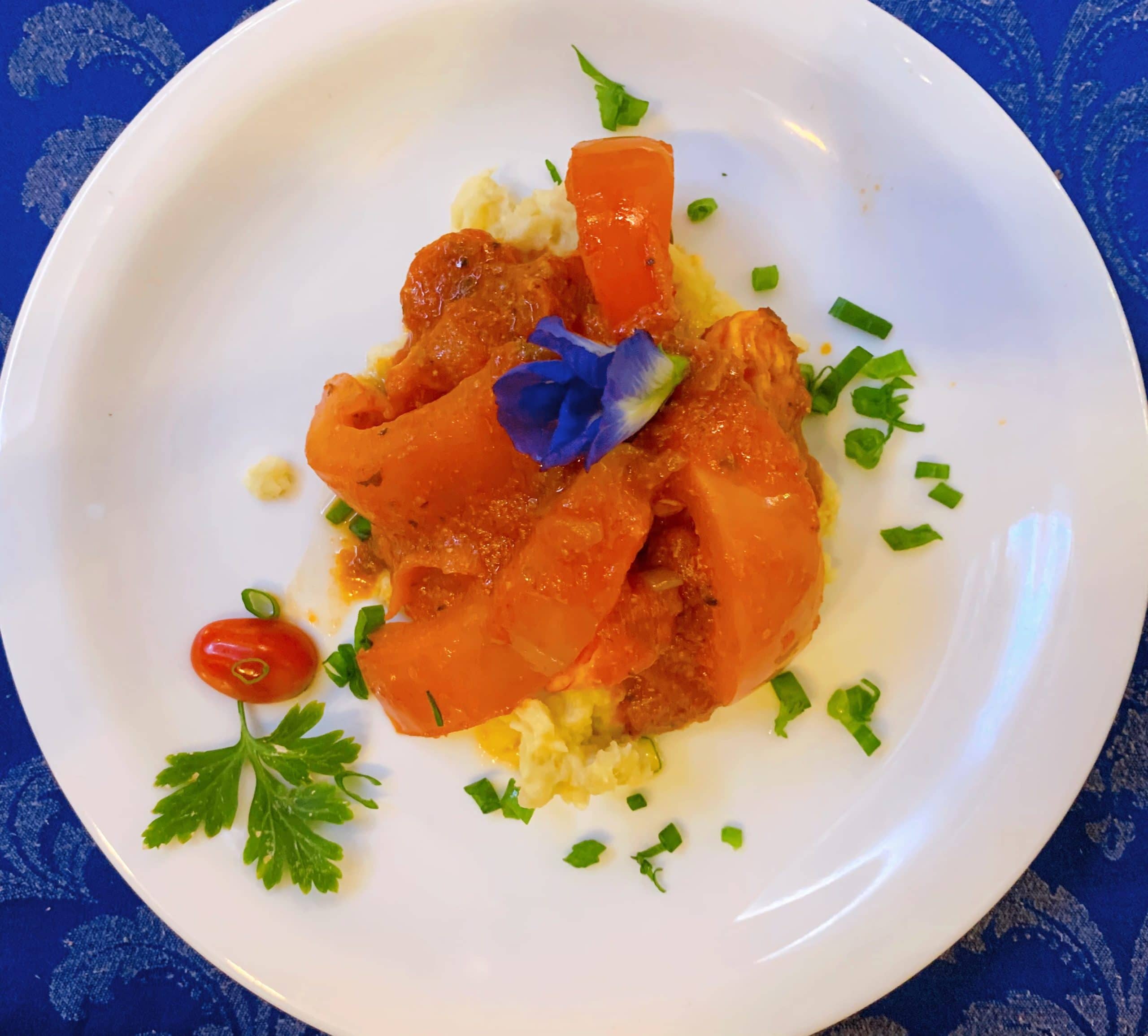 Shrimp with sweet potato purée