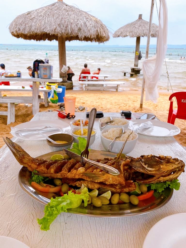 Tucunaré on Ilha de Canela, with a view of the island