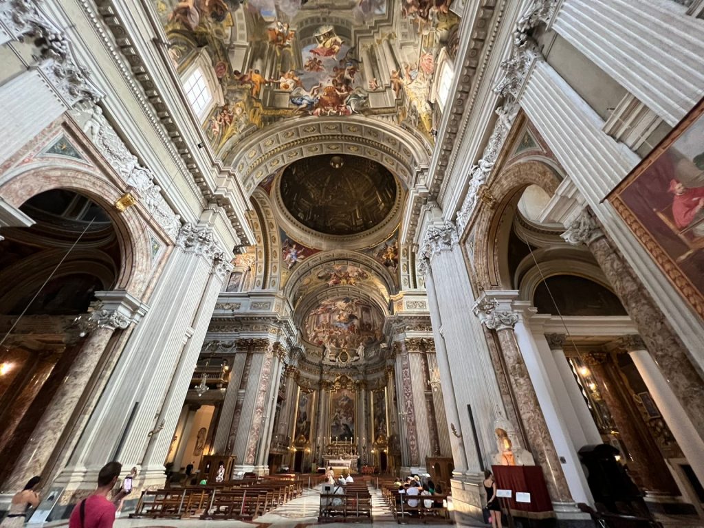 The church’s striking ceiling, with a mirror to help you see the detail