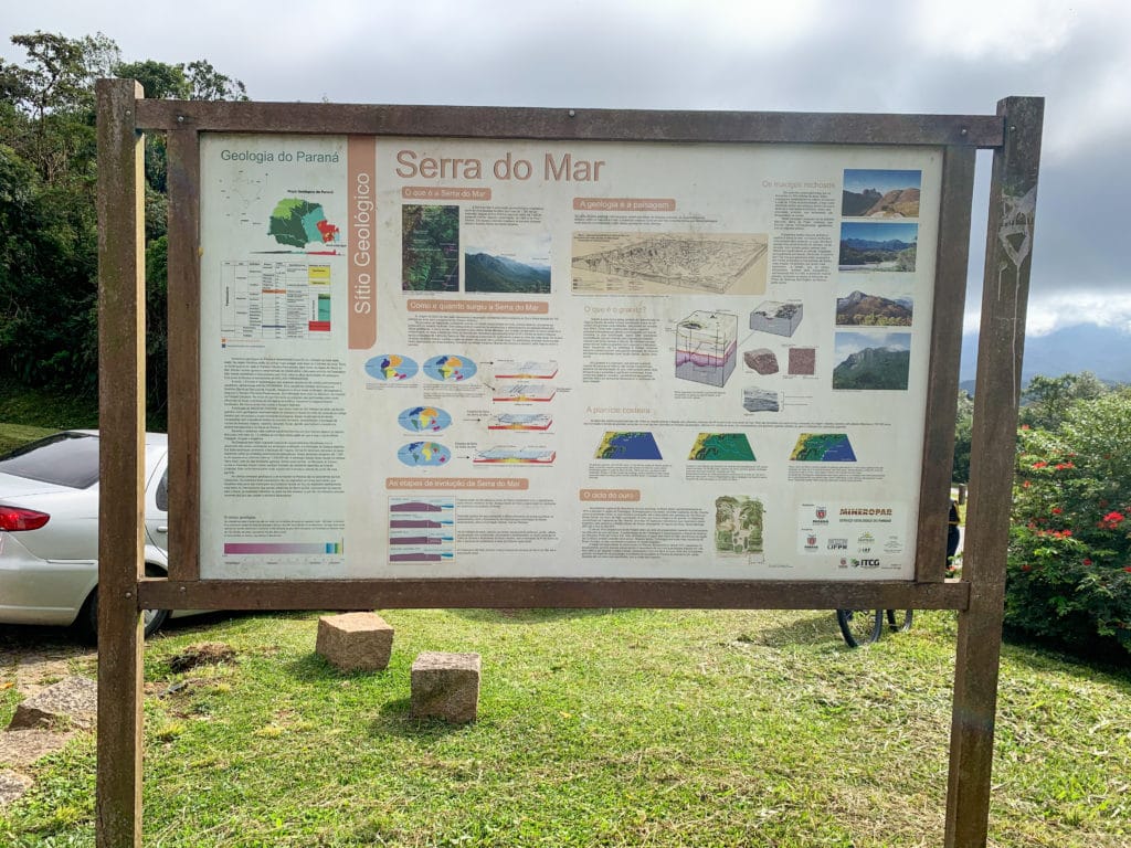 Sign explaining the geological site of the Serra do Mar