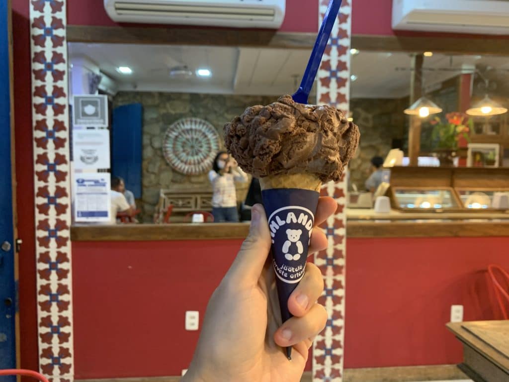 Chocolate ice cream cone from Finlandês Sorvete Artesanal, Paraty