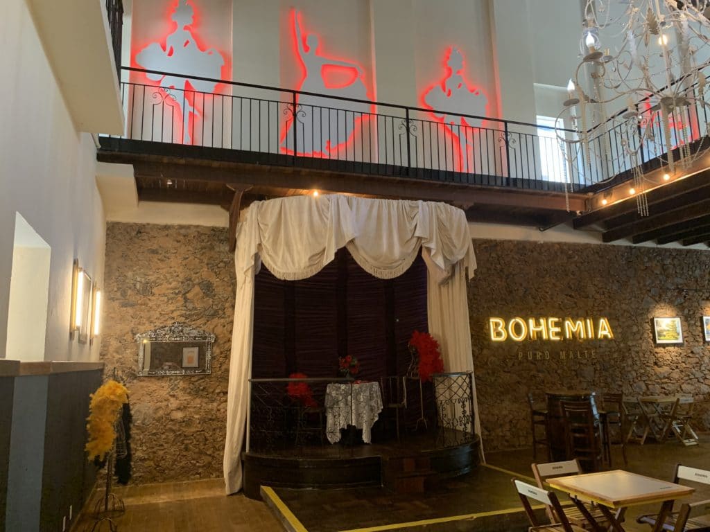 Dining room inside Bataclan, showing the old stage where the band once played