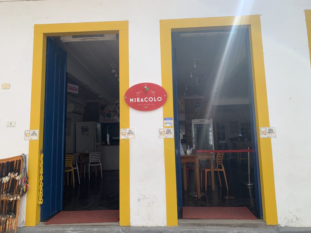 Entrance to Miracolo Sorveteria, a tip for ice cream shops in Paraty’s historic center