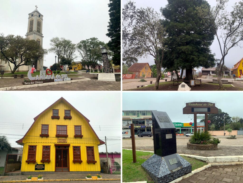 Praça Central: church, yellow house, town sign, and “moon sequoia”